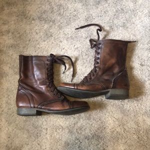 Brown leather combat boots